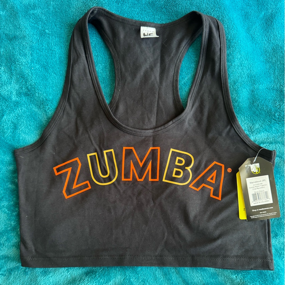 Zumba Fitness Stand Together Crop Raserback with Vibrant Orange Logo